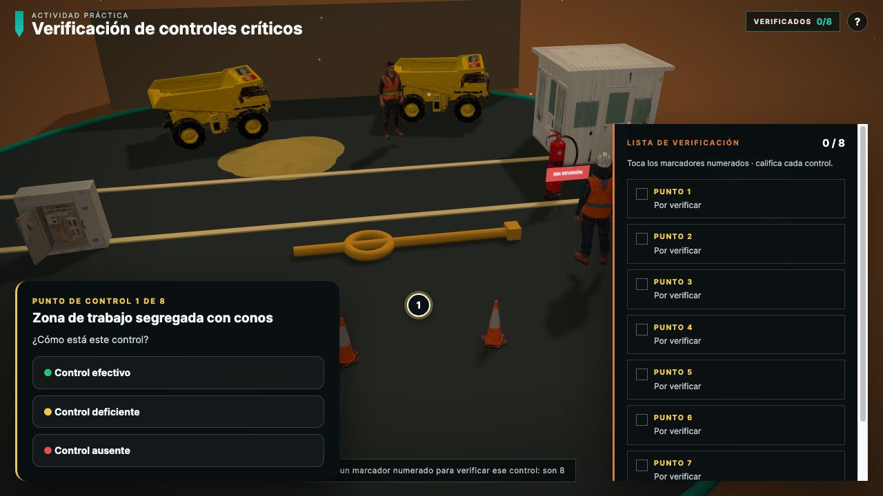 Escena real del patio de equipos con marcadores numerados sobre cada punto de control