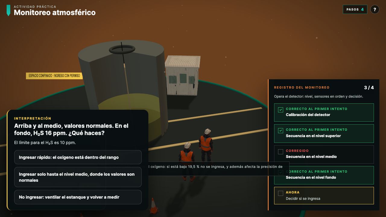 Escena real del estanque en corte con la capa de gas en el fondo y la sonda del detector