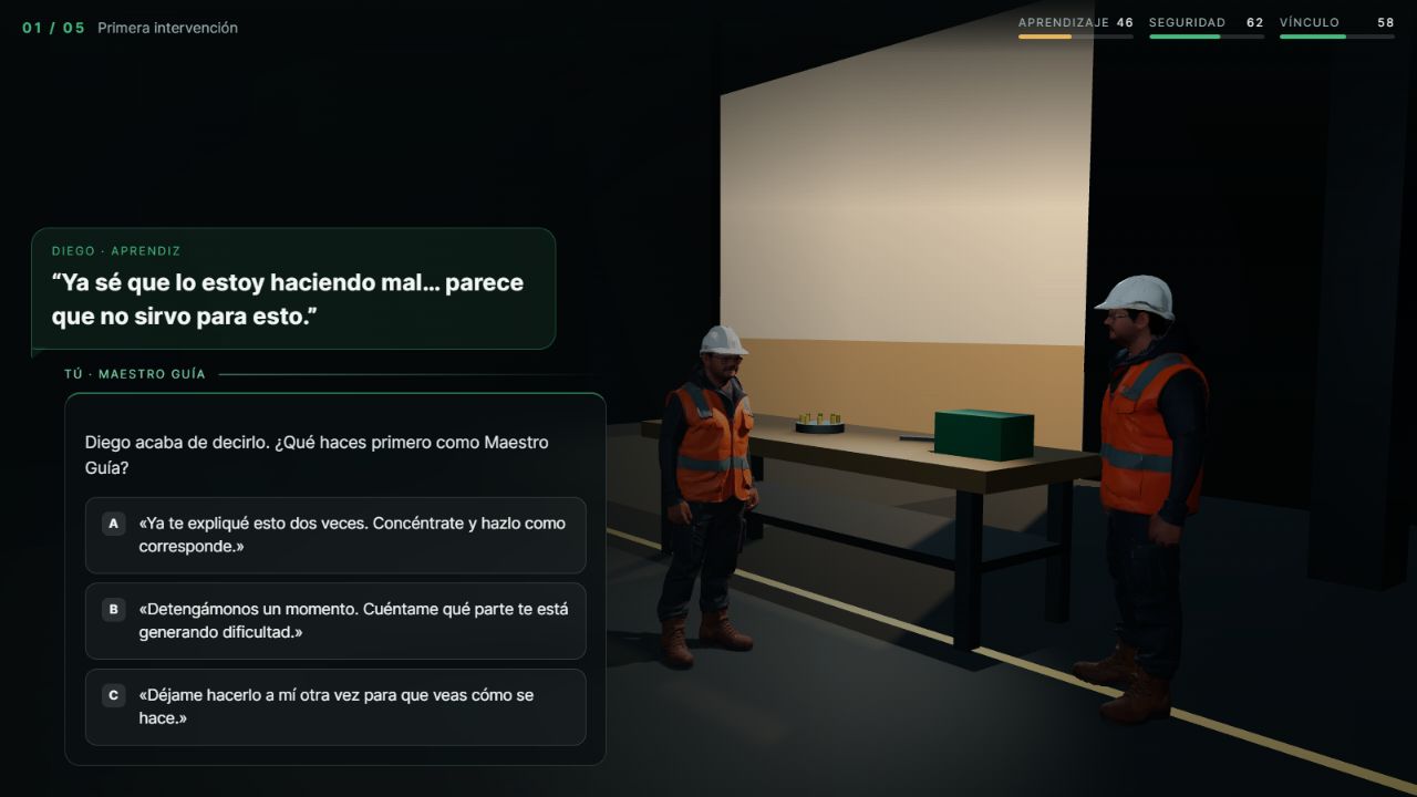 Simulación real de Maestro Guía con dos trabajadores y alternativas de respuesta
