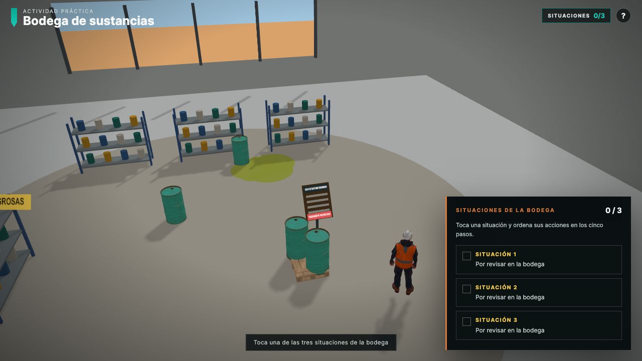Escena real de la bodega con estanterías, tambores, derrame y hoja de datos de seguridad